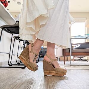 Gucci Tan Monogram Wedge Sandals
